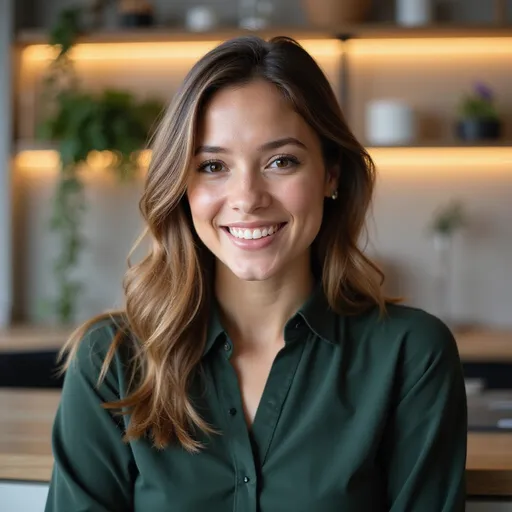 Prompt: A confident young woman smiles warmly, her light brown hair cascading softly around her shoulders, enhancing the inviting atmosphere of the modern, minimalist setting behind her. She wears a stylish, dark green blouse that complements her bright complexion, drawing attention to her friendly expression and well-groomed features. The background features softly lit shelves with decorative items and plants, providing a contemporary touch that contrasts with the warm lighting. The overall mood of the image exudes professionalism and approachability, suggesting a blend of elegance and modernity in both her presence and the environment.