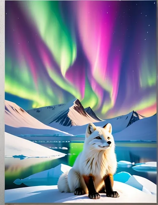 Prompt: illustrator tourism poster 12*16 inches of Svalbard 
polar fox sitting
northernlight