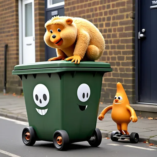 Prompt: Tubbly Wumbers skates over a brumble bin to get away from hubby hongers