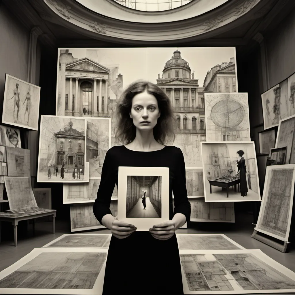 Prompt: by (Flora Borsi :3) , Vera Molnar, Anne Bachelier and Paul Delvaux , illustrated Annie Leibovitz's photoshoot collage : woman(Gustav Klimt:2) holding a big plan of a theater , surrounded by scafolding and Scale models, intricate line drawings, modern European ink painting, ink stains, Sketch, Cinematic Shot