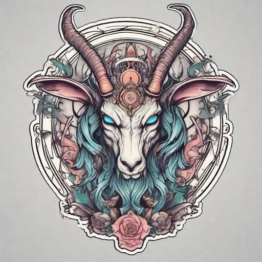 Prompt: New School Tattoo Style, Baphomet, Full Body, Sticker, Sharp, Pastel Colors, Graphic Design, Professional Al, Deviant Art, Contour, Vector, White Background, Extremely Detailed, Cute, Adorable, Kawaii 