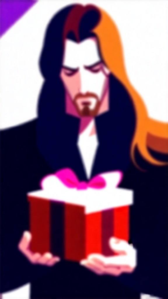 Prompt: a man with long hair holding a gift box in his hands while looking down at it with a sad look on his face, Fairytale, anime, bright colors, Delicate style, 