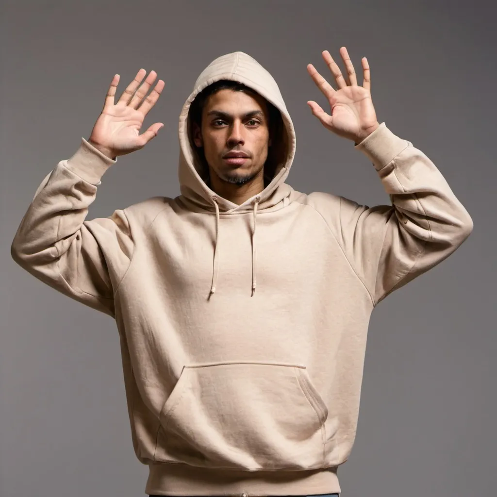 Prompt: whole left size of body of a man wearing a beige hoodie, Left hand raised overhead