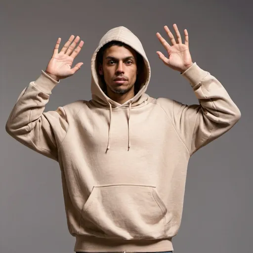 Prompt: whole left size of body of a man wearing a beige hoodie, Left hand raised overhead