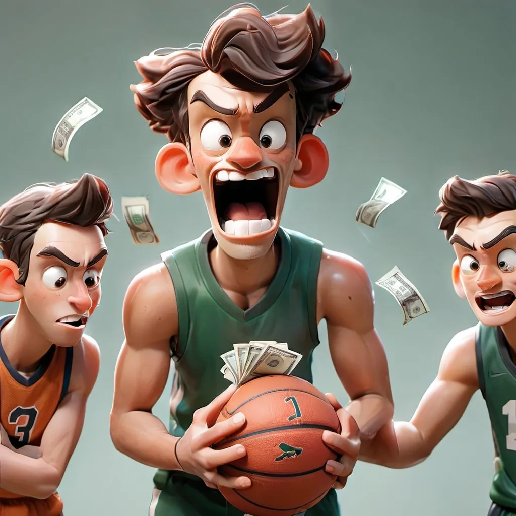 Prompt: two friends with the one in the middle very sporty the one on the right   holding lots of money and the one on the left everyone is surrounding him 10 they are very happy one of them has a basketball
 
