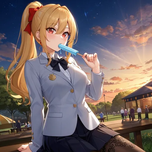 Prompt: - Create a scene of an anime school festival of several club stalls near the entrance of the school recruiting students to join their club. 
- Have "Amelia Castel Everett" female character focused in the shot eating a popsicle

Full Name: Amelia Castel Everett
Appearance:
Hair: Her long, golden hair, styled into a half ponytail that catches the morning sun, further accentuates her distinctive features. 
Eyes: Red eyes
Body: Amelia presents an ethereal and captivating physical appearance Amelia's allure is defined by her milky-white complexion, so pale that it appears almost translucent.
Attire: Black pleated skirt, a colored bow tie and a black shirt with a white collar. The shirt has four gold buttons on the black section and is worn with a light grey blazer. The color of the bow tie varies according to the year: first-year students wear red, second-year students wear teal and third-year students wear blue. 
