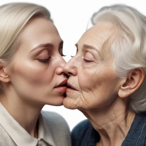 Prompt: beautiful, photo-realistic  of  white blonde girl kissing old  lady. realistic, highly detailed, cinematic lighting, digital ary, render, smooth, panoramic view