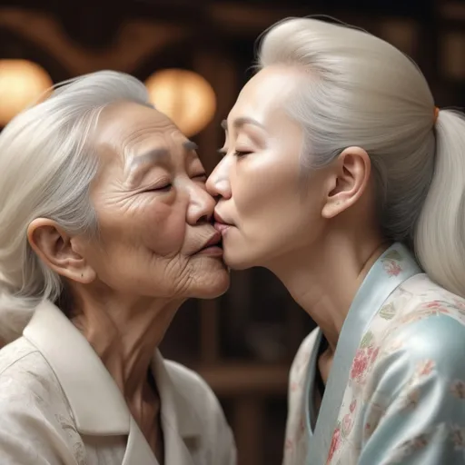Prompt: beautiful, photo-realistic  of  white blonde girl kissing old asian lady. realistic, highly detailed, cinematic lighting, digital ary, render, smooth, panoramic view