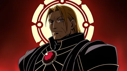 Prompt: Father from Fullmetal Alchemist, anime cel-shaded, heroic bust close-up holding a glowing red Philosopher’s Stone, warm golden rim light, deep crimson-to-black gradient background with faint alchemy transmutation circle, Envy and Pride ghosted silhouettes behind (slightly desaturated and blurred), high contrast, sharp lineart, cinematic lighting, shallow depth of field, clean composition, no text