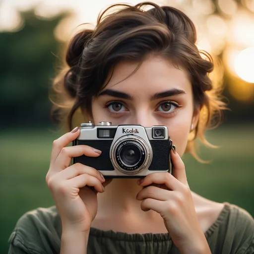 Prompt: A realistic portrait of a young woman holding a vintage Kodak K70 camera close to her face, with her eyes looking directly into the lens. She has dark hair styled into a casual updo, with natural makeup emphasizing her brown eyes. The background is softly blurred, suggesting an outdoor setting at sunset, with a hint of greenery. The lighting is soft and natural, creating a warm and intimate atmosphere. The focus is on the camera and the woman's expressive eyes.