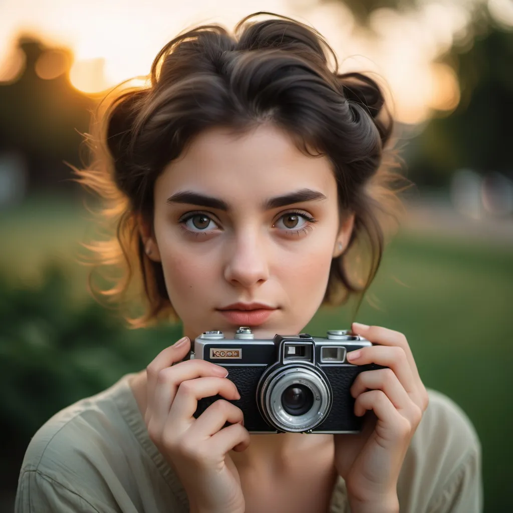 Prompt: A realistic portrait of a young woman holding a vintage Kodak K70 camera close to her face, with her eyes looking directly into the lens. She has dark hair styled into a casual updo, with natural makeup emphasizing her brown eyes. The background is softly blurred, suggesting an outdoor setting at sunset, with a hint of greenery. The lighting is soft and natural, creating a warm and intimate atmosphere. The focus is on the camera and the woman's expressive eyes.