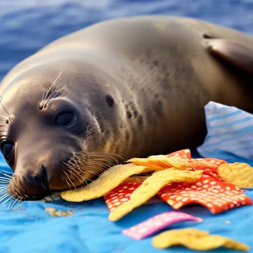 Prompt: seal pup open a bag of chips and eating