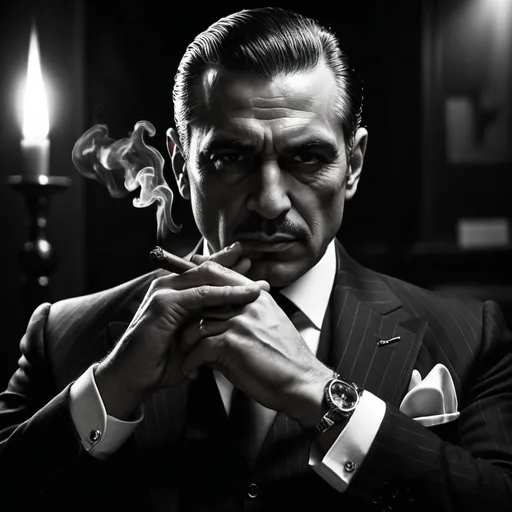 Prompt: mafia boss with cigar in black and white