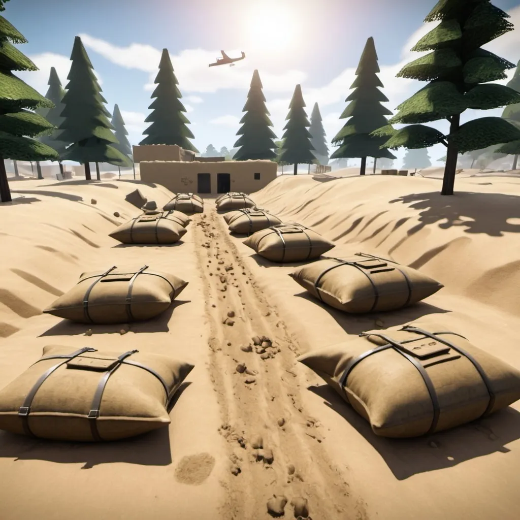 Prompt: a sandy, roblox battlefield
it looks like ww2 there are sandbags everywhere for cover.
you can see soldiers, and tanks

