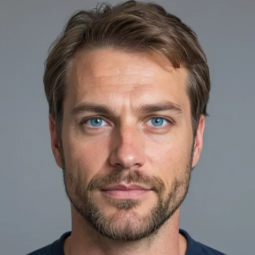 Prompt: A 38 years old looking man. Light brown hair, blue eyes, square jaw line, light trimmed beard