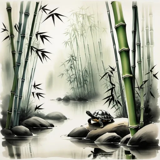 Prompt: The first shot is a soft, misty scene of a bamboo forest painted in gentle ink wash. The tall bamboo stalks are rendered with flowing brush strokes, their leaves slightly blurred in the mist. A turtle, inked in delicate brushwork, appears in the foreground, moving slowly on the ground as faint brushstrokes of wind flow through the scene, evoking peace and serenity.
