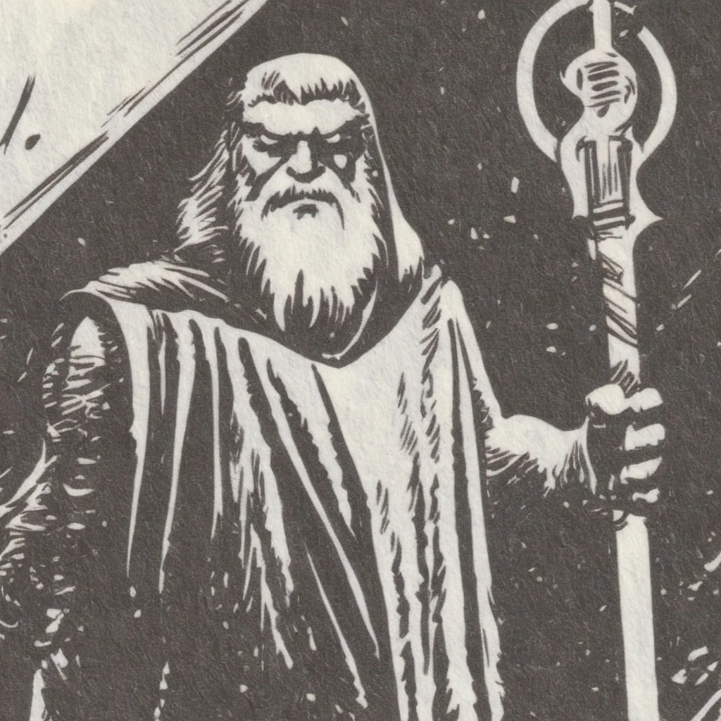 Prompt: Make a good Drawing of the god Odin with 1 eye and a staff in his hand and a cloak around him