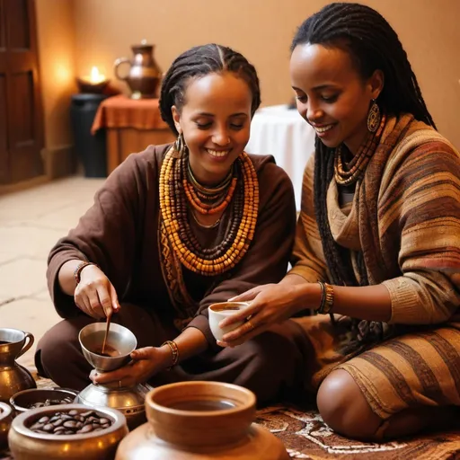 Prompt: Mesob and Jebena in an Ethiopian coffee ceremony, traditional materials, intricate designs, high quality, realistic, warm and inviting, detailed coffee beans, vibrant colors, traditional Ethiopian art, cultural celebration, aromatic coffee, warm lighting, detailed patterns, cultural heritage, rich coffee tones