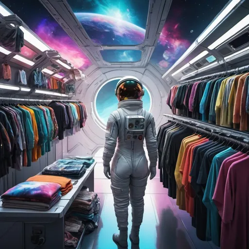 Prompt: Person selling clothes in space, digital art, futuristic space market, high quality, sci-fi, vibrant and futuristic, zero-gravity, detailed clothing, space vendor, bustling market, cosmic backdrop, unique and colorful fashion, space technology, holographic displays, intergalactic trade, professional art, vibrant lighting