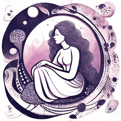 Prompt: Ink drawing, dreamy woman sitting, dots, rounded corners squares, swirls and curls, sparrow, flower, tulip, moon, square frame