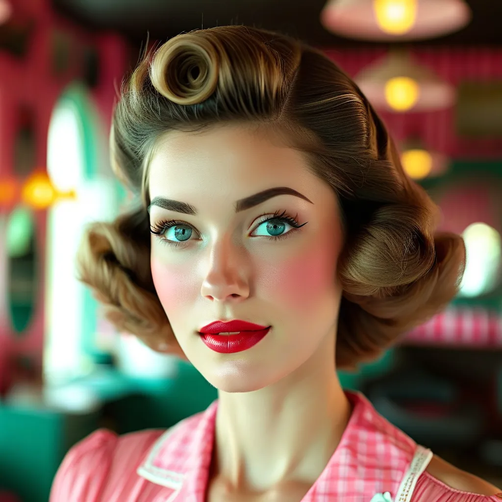 Prompt: /imagine a female from the 1940s in a retro hair salon. An alien is doing her hair 8K. 1940s era hair and makeup. All pastel colors. UHD 8k, very detailed, cinematic, realistic, photorealistic, realistic skin texture, , human face, realistic eyes, perfect eyes, trending on art station, sharp focus, fine art quality, intricate details, Canon 5DMark4 emulation, full body portrait 8K, high resolution, detailed, cinematic, realistic, photorealistic, trending, sharp focus, fine art, intricate details, Canon 5DMark4, realistic lighting, professional rendering. 