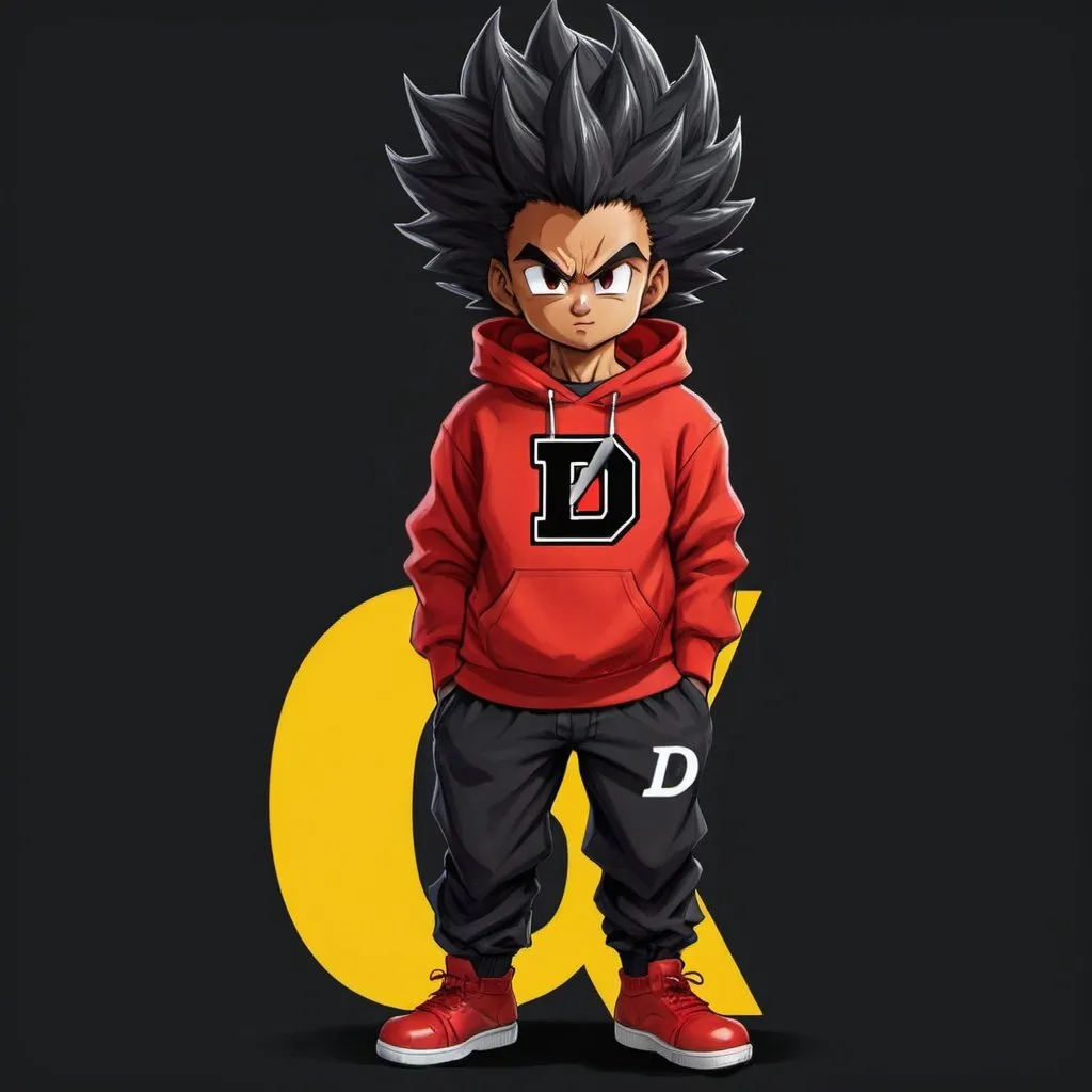 Prompt:  black with super sayian hair wearing a red hoodie with the letter d

 
