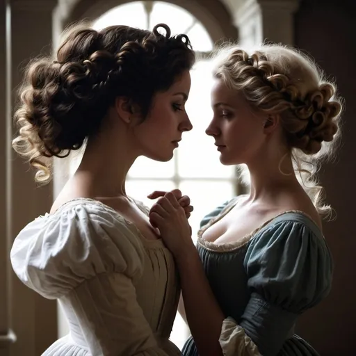 Prompt: photo of a beautiful brunette regency lady with curly hair holding the hair of a beautiful blonde regency maiden. Silhouette, dramatic, artistic, shadowy