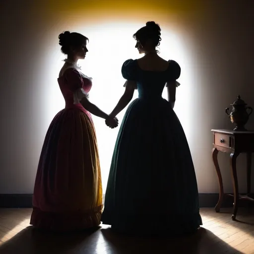 Prompt: Beautiful regency lesbians holding hands, back turned to the camera. Silhouette . Shadowy, dramatic, colourful 
