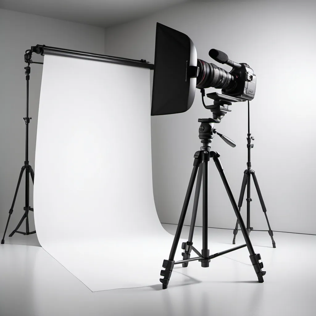 Prompt: Modern video equipment including a camera and tripod on a white background with studio lighting."