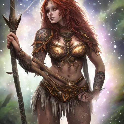 Prompt: female druid, red hair, light brown skin, star constellation tattoos all over body, skimpy clothing, holding a staff, forest background