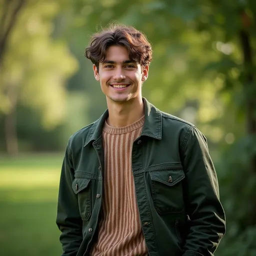 Prompt: In a serene outdoor setting, a young man poses confidently with a gentle smile, framed by a backdrop of lush greenery. His stylish attire features a blend of vertical stripes in earthy tones under a dark green jacket, embodying a casual yet fashionable vibe. The soft, natural light highlights his features and the subtle texture of his hair, while the blurred background emphasizes his presence, creating an engaging focal point in the composition. The overall mood evokes a sense of warmth and ease, capturing a moment of relaxed self-assurance in nature.