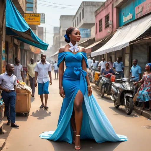 Prompt: (realistic depiction of a beautiful Nigerian lady), wearing a flowing (blue dress), draped with (white coverings on the shoulders), and adorned with a stylish (woman bow tie), standing confidently on the (busy Broad Street in Lagos, Nigeria). The scene captures the vibrant, bustling atmosphere of Lagos, with (colorful storefronts, lively pedestrians), and infused with (bright sunlight) casting dynamic shadows, creating an (energetic, urban) ambiance. (High-quality, ultra-detailed).