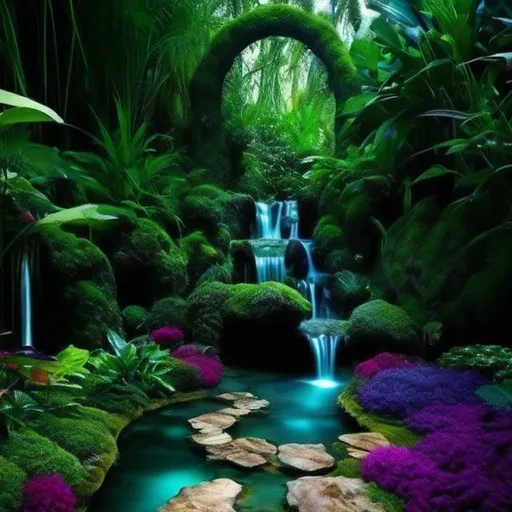 Prompt: otherworldly high fantasy garden, crafted by the elves of the lord of the Rings. subtropical rainforest, exotic flowers. deep green, blues, purples, soft hues, soft lights created by elves