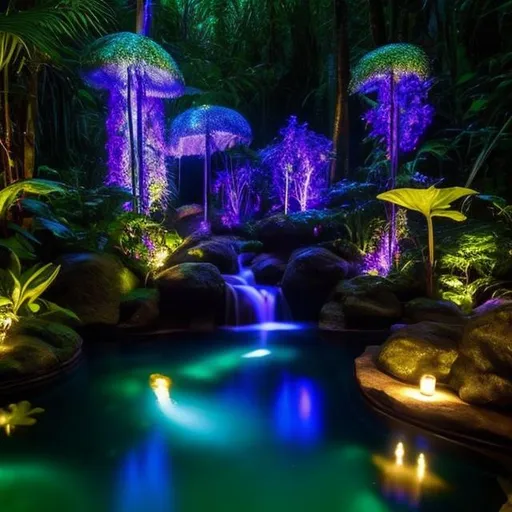 Prompt: enchanted fantasy garden in a tropical rainforest, crafted by elves. reflective water, soft lighting, deep green, purple, blue. cabin in the garden  