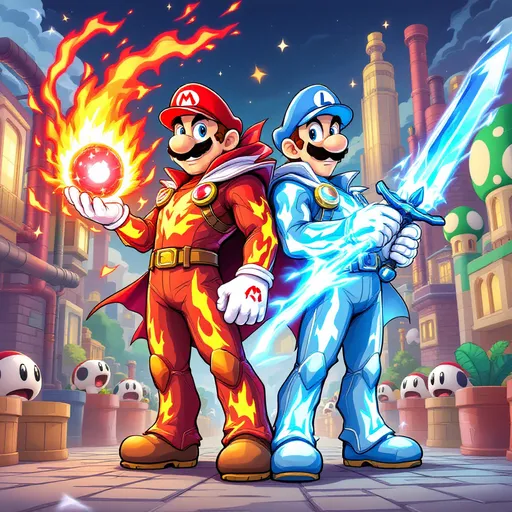 Prompt: mario and luigi as firepower and icepower