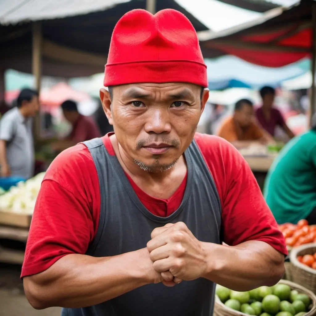 Prompt: 47 year old Indonesian man with close-cropped hair, sturdy body wearing a red hat while clenching his fists at a traditional market