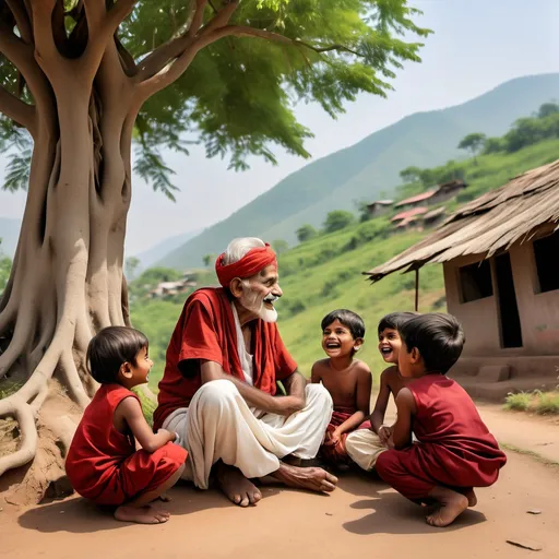 Prompt: "Generate a story telling a old man to his small grandsons and daughters children's all are laughing that old man words on top of green mountain beside him there are so many trees and small grass houses and people busy there work that old man wearing white dhoti and red kurta  ."