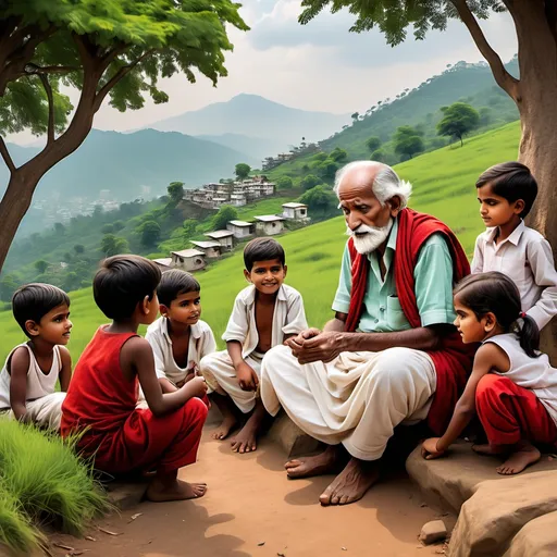 Prompt: "Generate a story telling a old man to his small grandsons and daughters children's on top of green mountain beside him there are so many trees and small grass houses and people busy there work that old man wearing white dhoti and red kurta  ."