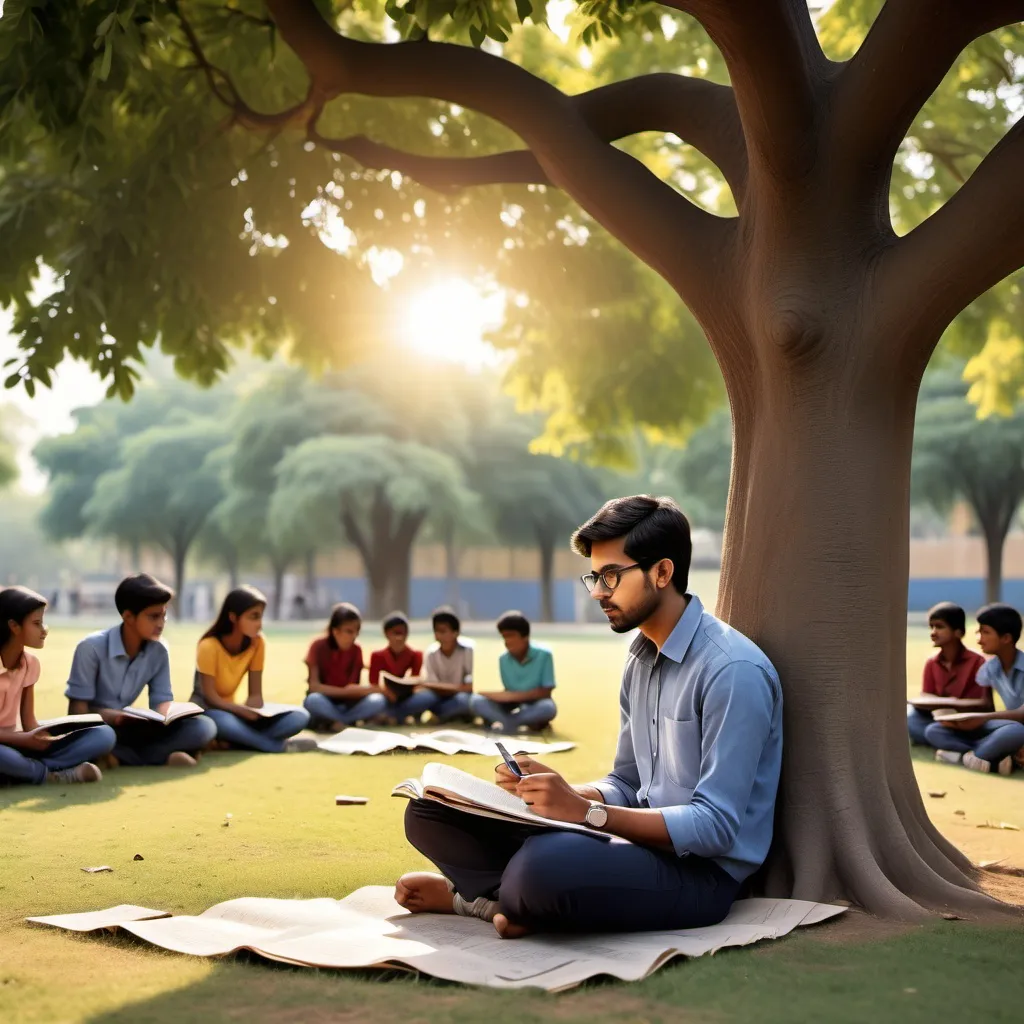 Prompt: "Generate an image of a young indian teacher teaching english grammar to students they sit under big tree in the garden , e.g., ‘a young man teacher in his 20s, looking to teacher , wearing casual clothing, in a quiet park with standing in front of students sunset lighting’]. he should look determined yet calm."