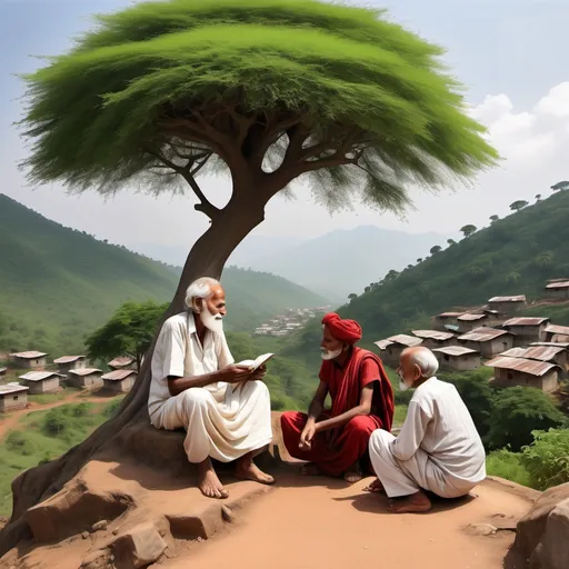 Prompt: "Generate a story telling a old man to his small children's on top of green mountain beside him there are so many trees and small grass houses and people busy there work that old man wearing white dhoti and red kurta  ."