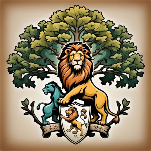 Prompt: family crest, lion, oak tree, colors