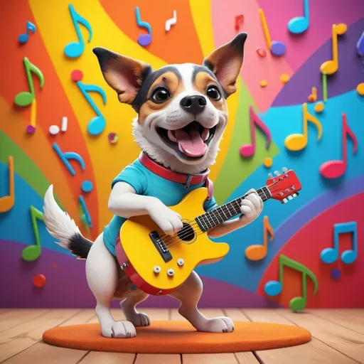 Prompt: 3D (a playful dog playing guitar), bright colors, dynamic poses, vibrant atmosphere, cheerful mood, whimsical details, capturing lively expressions, providing a joyful scene, set against a colorful background with musical notes floating around, ultra-detailed, high-resolution, inviting and fun ambiance.