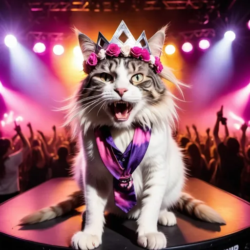 Prompt: a pink and white long haired domestic cat with long purple dreadlocks in her long hair wearing a tie dyed dress with a crown of flowers on her head, dancing wildly in the forefront and in a close-up shot at a huge Music Festival with hundreds of other cats of all shapes sizes and colors, in front of a large stage, with a band made up of cats playing on stage with electric guitars and singing into microphone with their mouths open wide, there is a drummer cat banging on the drums with drumsticks in his paws in the center of the stage, there is a giant lighting rig above the stage with its colored lights shining down on the stage and the cats, a huge oval video screen with swirling colors in the center of the screen bold black text reading HDR, 8K, cinematic lighting 