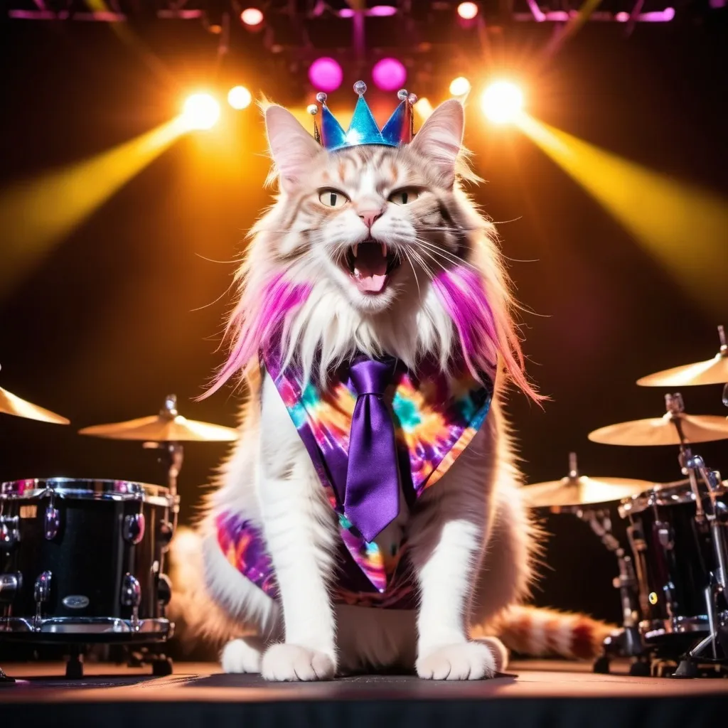 Prompt: a pink and white long haired domestic cat with long purple dreadlocks in her long hair wearing a tie dyed dress with a crown of flowers on her head, dancing wildly in the forefront and in a close-up shot at a huge Music Festival with hundreds of other cats of all shapes sizes and colors, in front of a large stage, with a band made up of cats playing on stage with electric guitars and singing into microphone with their mouths open wide, there is a drummer cat banging on the drums with drumsticks in his paws in the center of the stage, there is a giant lighting rig above the stage with its colored lights shining down on the stage and the cats, a huge oval video screen with swirling colors in the center of the screen bold black text reading HDR, 8K, cinematic lighting 