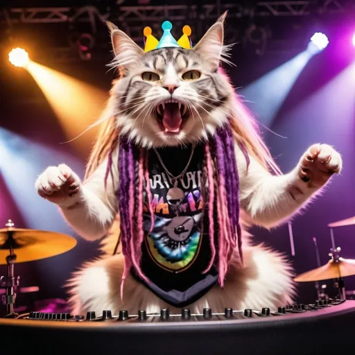 Prompt: a pink and white long haired domestic cat with long purple dreadlocks in her long hair wearing a tie dyed dress with a crown of flowers on her head, dancing wildly in the forefront and in a close-up shot at a huge Music Festival with hundreds of other cats of all shapes sizes and colors, in front of a large stage, with a band made up of cats playing on stage with electric guitars and singing into microphone with their mouths open wide, there is a drummer cat banging on the drums with drumsticks in his paws in the center of the stage, there is a giant lighting rig above the stage with its colored lights shining down on the stage and the cats, a huge oval video screen with swirling colors in the center of the screen bold black text reading HDR, 8K, cinematic lighting 