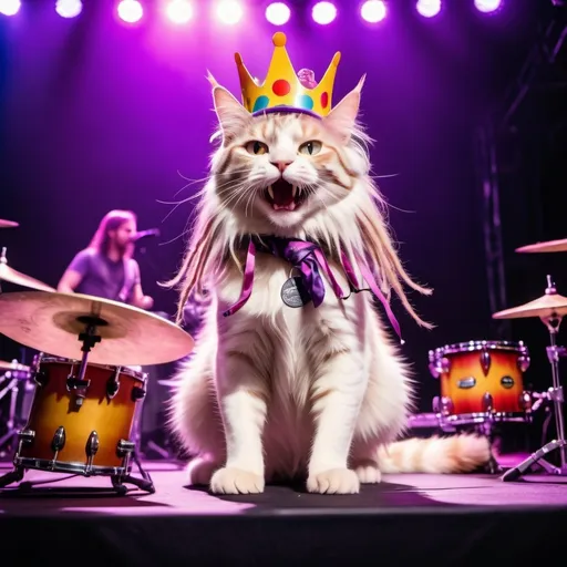 Prompt: a pink and white long haired domestic cat with long purple dreadlocks in her long hair wearing a tie dyed dress with a crown of flowers on her head, dancing wildly in the forefront and in a close-up shot at a huge Music Festival with hundreds of other cats of all shapes sizes and colors, in front of a large stage, with a band made up of cats playing on stage with electric guitars and singing into microphone with their mouths open wide, there is a drummer cat banging on the drums with drumsticks in his paws in the center of the stage, there is a giant lighting rig above the stage with its colored lights shining down on the stage and the cats, a huge oval video screen with swirling colors in the center of the screen bold black text reading HDR, 8K, cinematic lighting 