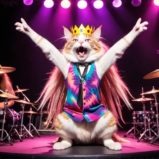 Prompt: a pink and white long haired domestic cat with long purple dreadlocks in her long hair wearing a tie dyed dress with a crown of flowers on her head, dancing wildly in the forefront and in a close-up shot at a huge Music Festival with hundreds of other cats of all shapes sizes and colors, in front of a large stage, with a band made up of cats playing on stage with electric guitars and singing into microphone with their mouths open wide, there is a drummer cat banging on the drums with drumsticks in his paws in the center of the stage, there is a giant lighting rig above the stage with its colored lights shining down on the stage and the cats, a huge oval video screen with swirling colors in the center of the screen bold black text reading HDR, 8K, cinematic lighting 