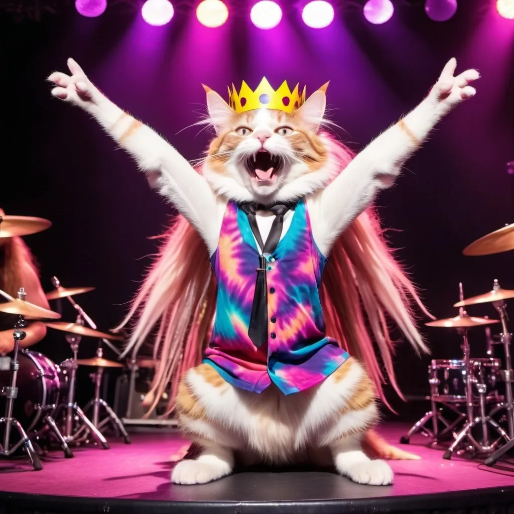 Prompt: a pink and white long haired domestic cat with long purple dreadlocks in her long hair wearing a tie dyed dress with a crown of flowers on her head, dancing wildly in the forefront and in a close-up shot at a huge Music Festival with hundreds of other cats of all shapes sizes and colors, in front of a large stage, with a band made up of cats playing on stage with electric guitars and singing into microphone with their mouths open wide, there is a drummer cat banging on the drums with drumsticks in his paws in the center of the stage, there is a giant lighting rig above the stage with its colored lights shining down on the stage and the cats, a huge oval video screen with swirling colors in the center of the screen bold black text reading HDR, 8K, cinematic lighting 