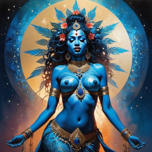 Prompt: (FULL BODY, CURVY FIGURE) god kali blue skin opened mouth and long tonge ((hyperrealistic)), Contrast the background to enhance kali and all her 6 arms illustration by Marc Simonetti Carne Griffiths, dance, while also showcasing his divine grace and beauty, The background should feature a cosmic landscape with stars and galaxies, Use bold, vibrant colors for GOD KALI's clothing and accessories, Conrad Roset, Full HD render + immense detail + dramatic lighting + well lit + fine | ultra - detailed realism, full body art, lighting, high - quality, engraved, ((photorealistic)), ((hyperrealistic)), ((perfect eyes)), ((perfect skin)), ((perfect hair)), ((perfect shadow)), ((perfect light))