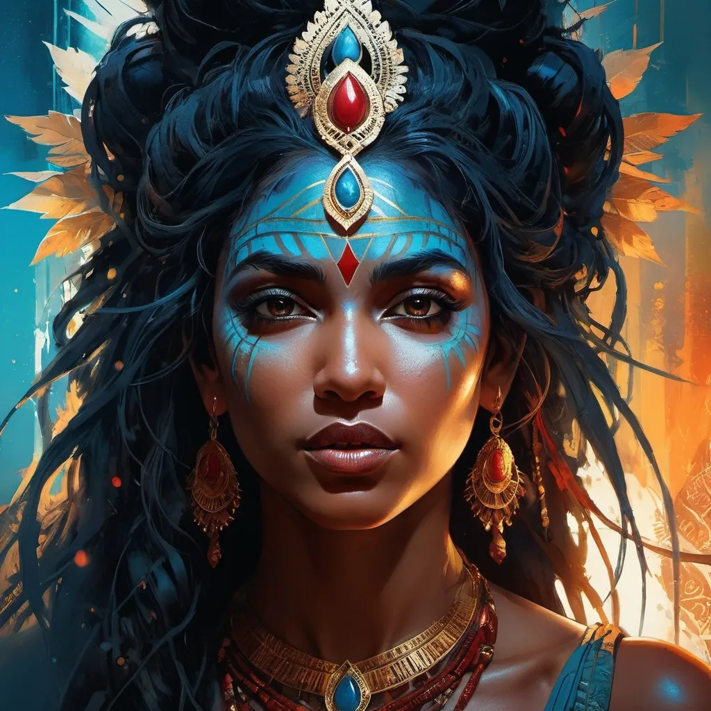 Prompt: god kali  illustration by Marc Simonetti Carne Griffiths, Conrad Roset, Full HD render + immense detail + dramatic lighting + well lit + fine | ultra - detailed realism, full body art, lighting, high - quality, engraved, ((photorealistic)), ((hyperrealistic)), ((perfect eyes)), ((perfect skin)), ((perfect hair)), ((perfect shadow)), ((perfect light))